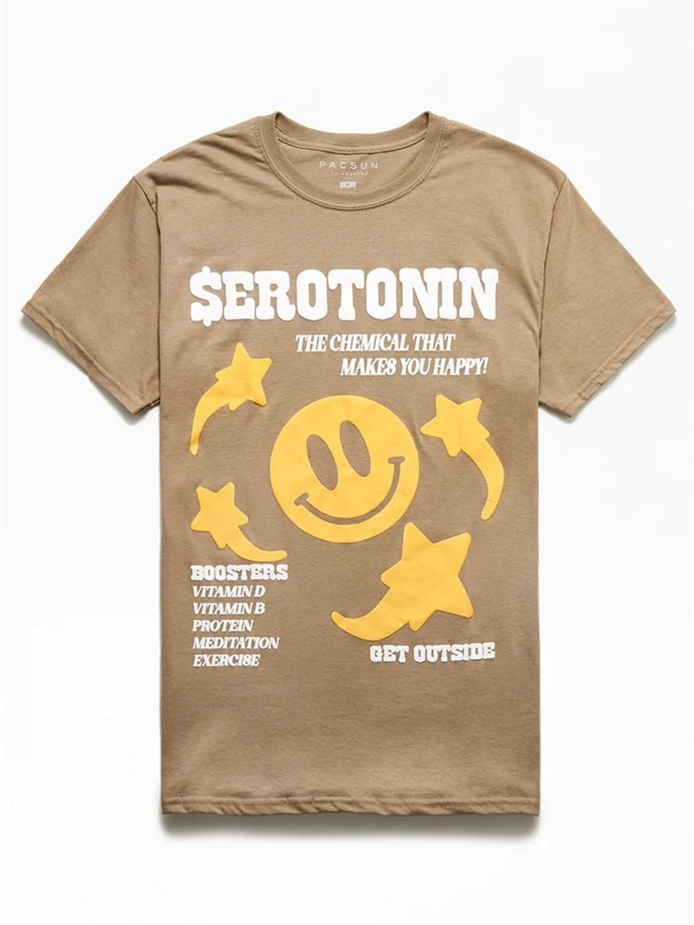 PacSun Tan Graphic Tee with Yellow Smiley Stars